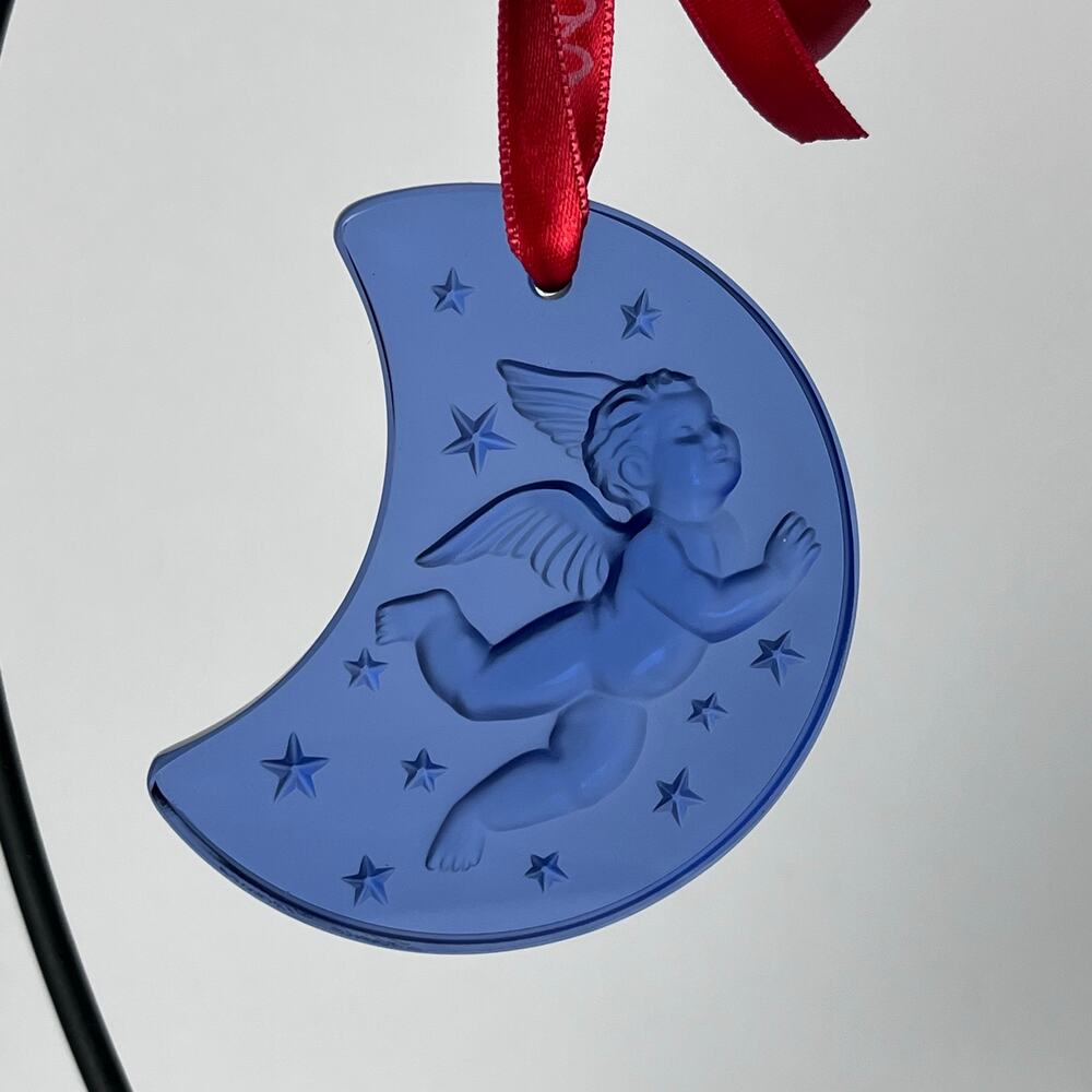 Vintage Lalique Blue Crystal Glass Cherub Ornament Crescent Moon Stars 1999